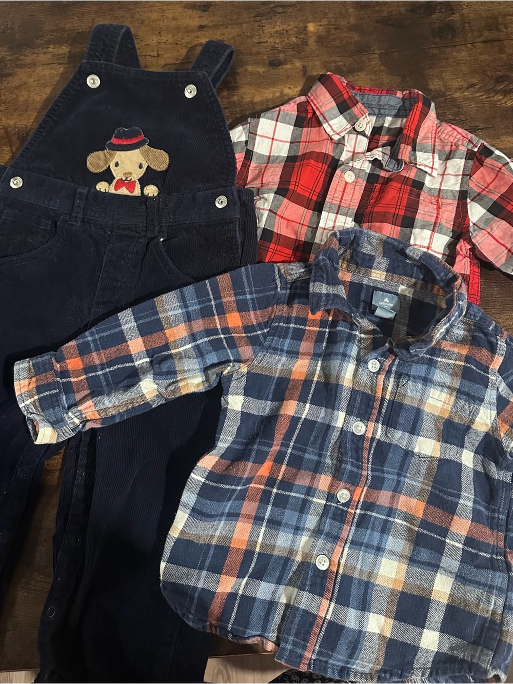 GAP & Gymboree Toddler Navy Corduroy Overalls with two plaid shirts